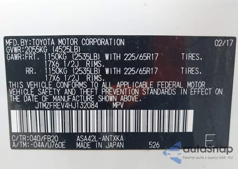 2017 Toyota Rav4 Le z USA, uszkodzony, nr VIN JTMZFREV4HJ132084